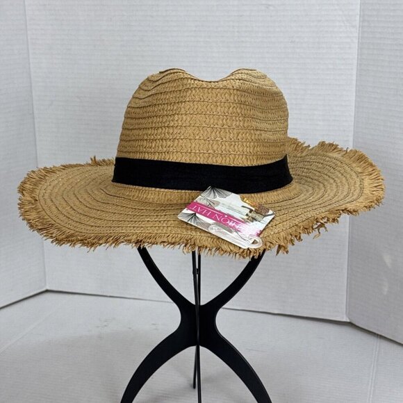 Fashion Hat Woven Sun Hat Fringed Grosgrain Ribbon Band NWT Tan Black 9034 - Picture 9 of 15